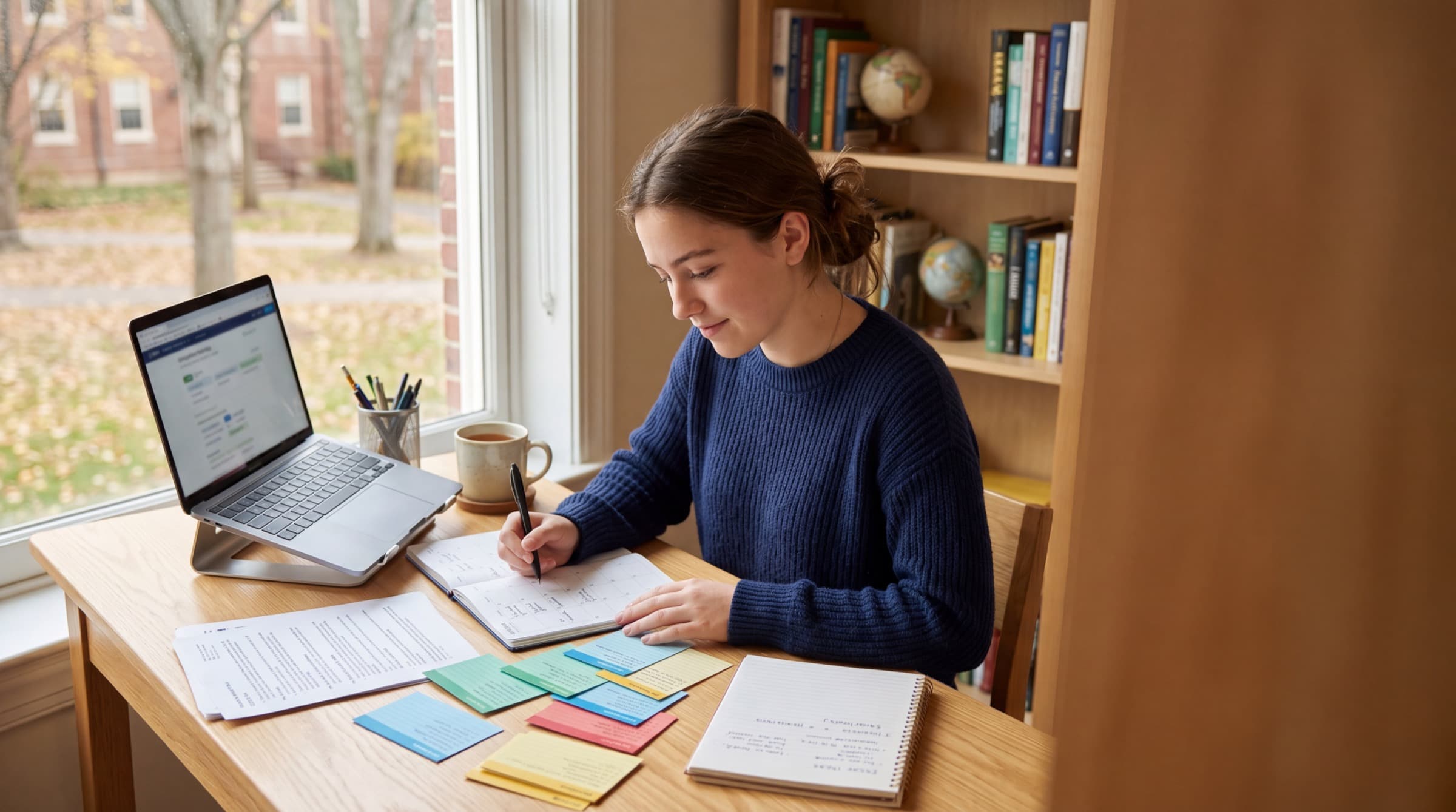Student admissions planning workspace with laptop and notebooks